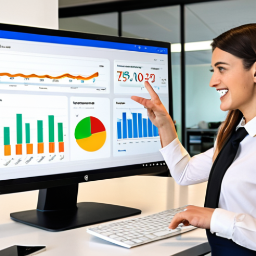 **

A dynamic, eye-level shot of a young professional confidently presenting data insights on a large monitor in a modern office. The monitor displays a Google Analytics dashboard with key metrics highlighted in bright colors. She is gesturing towards a Power BI report on a nearby tablet, explaining e-commerce trends with a smile. The overall impression is one of data-driven decision making and clear communication skills.

**