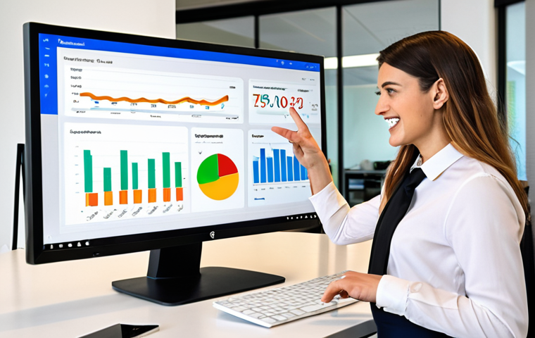 **

A dynamic, eye-level shot of a young professional confidently presenting data insights on a large monitor in a modern office. The monitor displays a Google Analytics dashboard with key metrics highlighted in bright colors. She is gesturing towards a Power BI report on a nearby tablet, explaining e-commerce trends with a smile. The overall impression is one of data-driven decision making and clear communication skills.

**