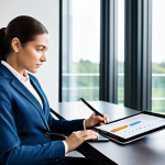 A highly competent female Purchasing Manager, fully clothed in an elegant, modest business suit, seated at a sleek, modern corporate office conference table. She is confidently reviewing charts and detailed data on a tablet, with a laptop open displaying a financial spreadsheet. Her posture is focused and professional, showcasing deep analytical thought. The office is bright with natural light from large windows, creating a professional and contemporary atmosphere. Perfect anatomy, correct proportions, natural pose, well-formed hands, proper finger count, natural body proportions. Professional photography, high-resolution, sharp focus, appropriate content, safe for work, family-friendly.