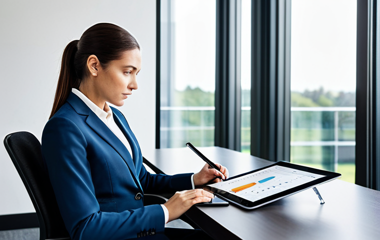 A highly competent female Purchasing Manager, fully clothed in an elegant, modest business suit, seated at a sleek, modern corporate office conference table. She is confidently reviewing charts and detailed data on a tablet, with a laptop open displaying a financial spreadsheet. Her posture is focused and professional, showcasing deep analytical thought. The office is bright with natural light from large windows, creating a professional and contemporary atmosphere. Perfect anatomy, correct proportions, natural pose, well-formed hands, proper finger count, natural body proportions. Professional photography, high-resolution, sharp focus, appropriate content, safe for work, family-friendly.