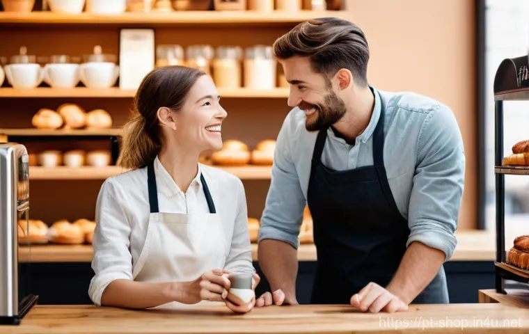 쇼핑매니저 실무에 필요한 소프트 스킬 - **Prompt:** A warm and inviting scene inside a modern, independent bakery or café. A female barista ...