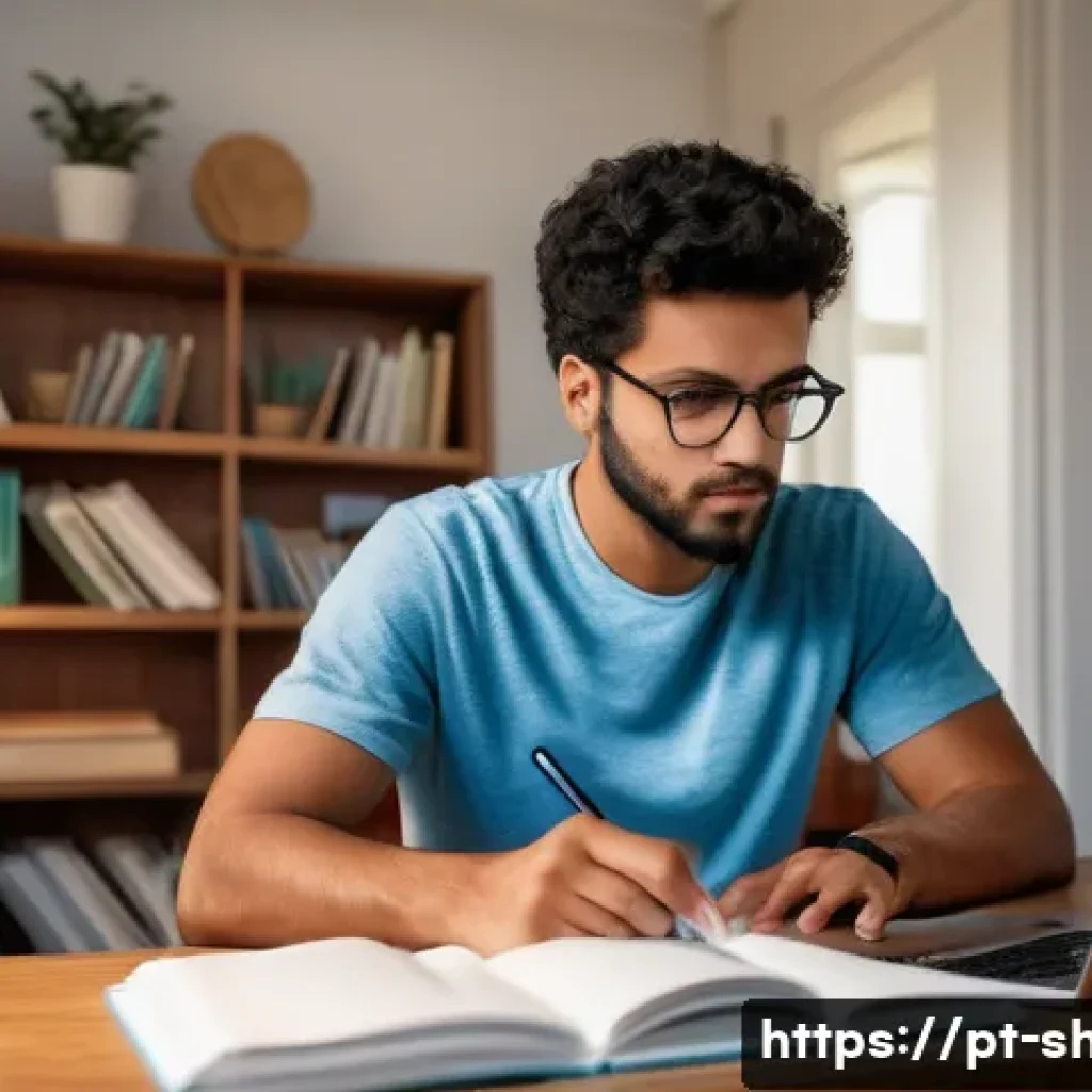 쇼핑매니저 자격증 공부 계획 - A focused young adult studying at a neat desk in a cozy, well-lit home office during early morning h...