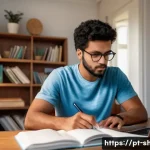 Home 16 쇼핑매니저 자격증 공부 계획 - A focused young adult studying at a neat desk in a cozy, well-lit home office during early morning h...