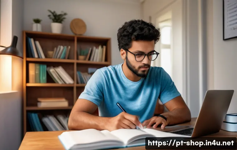 쇼핑매니저 자격증 공부 계획 - A focused young adult studying at a neat desk in a cozy, well-lit home office during early morning h...