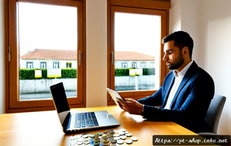 쇼핑매니저 업무 자동화 사례 - Photorealistic Portuguese online retail manager in a bright Lisbon home office, calmly reviewing aut...